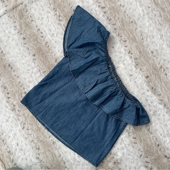 Gap One-Shoulder Blue denim Ruffle Top (Medium Wash) Size X-Small - Picture 5 of 7